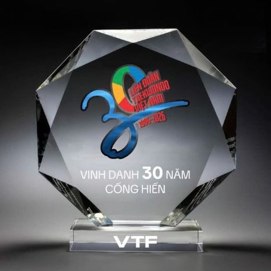 Kỷ niệm chương pha lê hình bát giác in biểu trưng 30 năm Liên đoàn Taekwondo Việt Nam, dòng chữ “Vinh danh 30 năm cống hiến”, đế khắc VTF